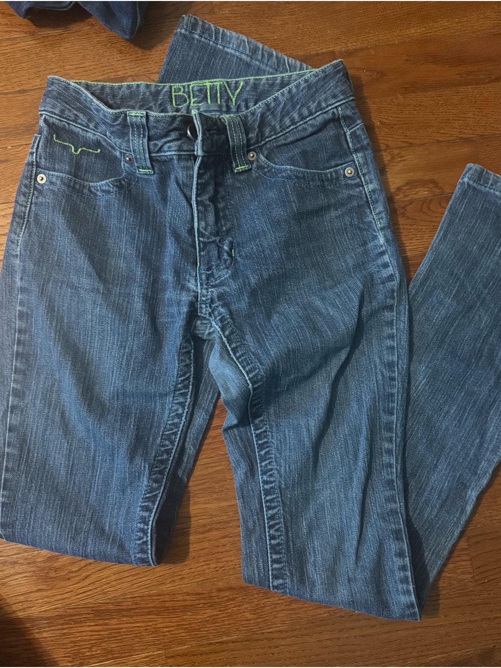 Kimes Ranch Betty Embroidered Blue Denim Jeans with Green Accent